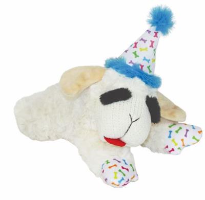 Blue Birthday Lamb Chop Plush Dog Toy 10.5"