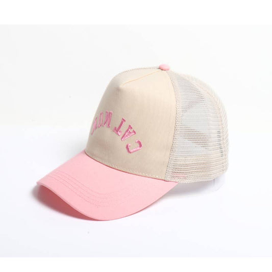 Cat Mom Upside Down Embroidery Mesh Back Baseball Cap - Pink
