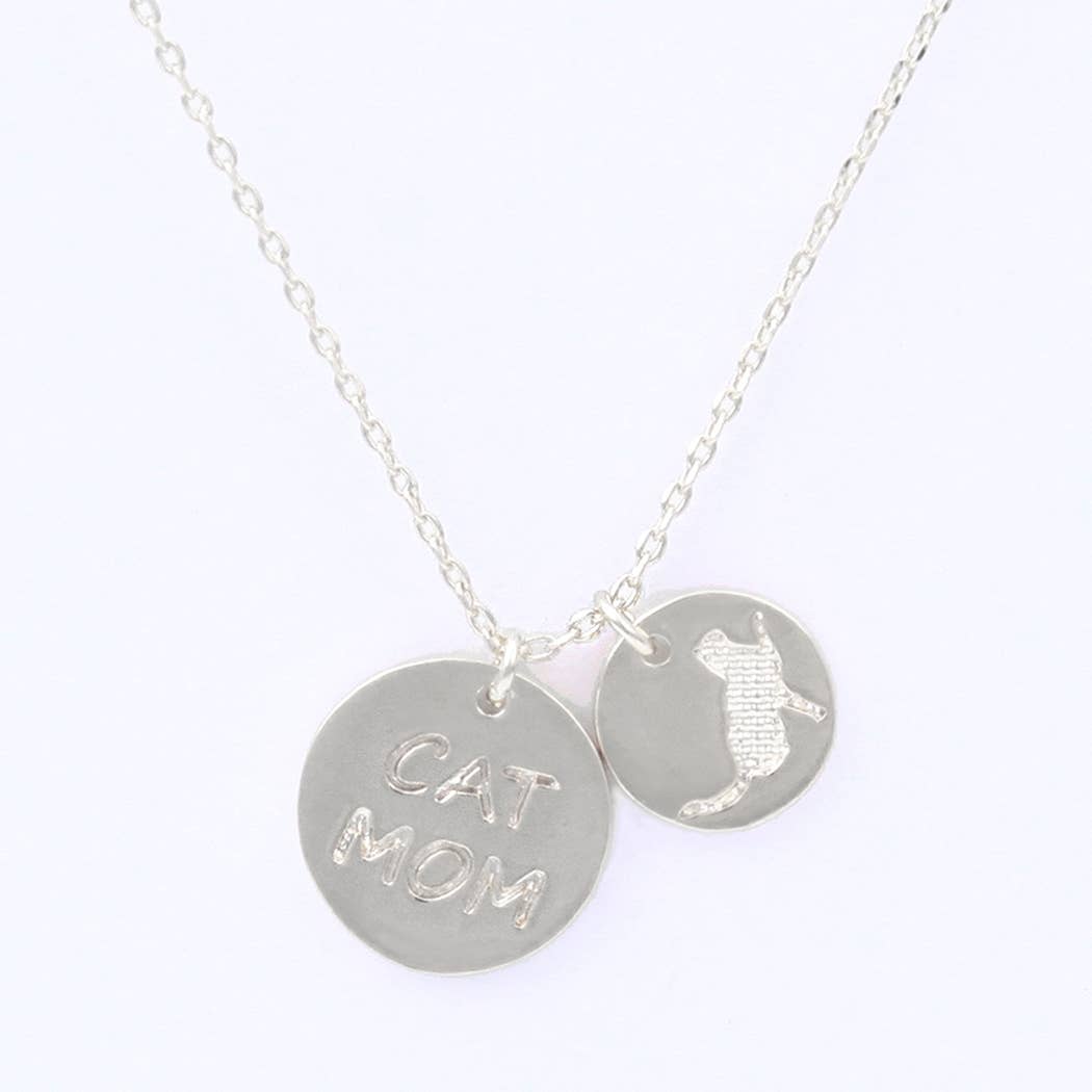 Silver Cat Mom Coin Charm Pendant Necklace