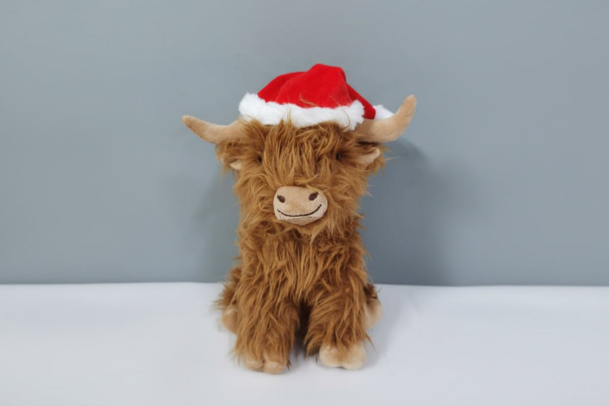Multipet Holiday Highland Cow Shaggy W/ Santa Hat Plush Dog Toy 8"