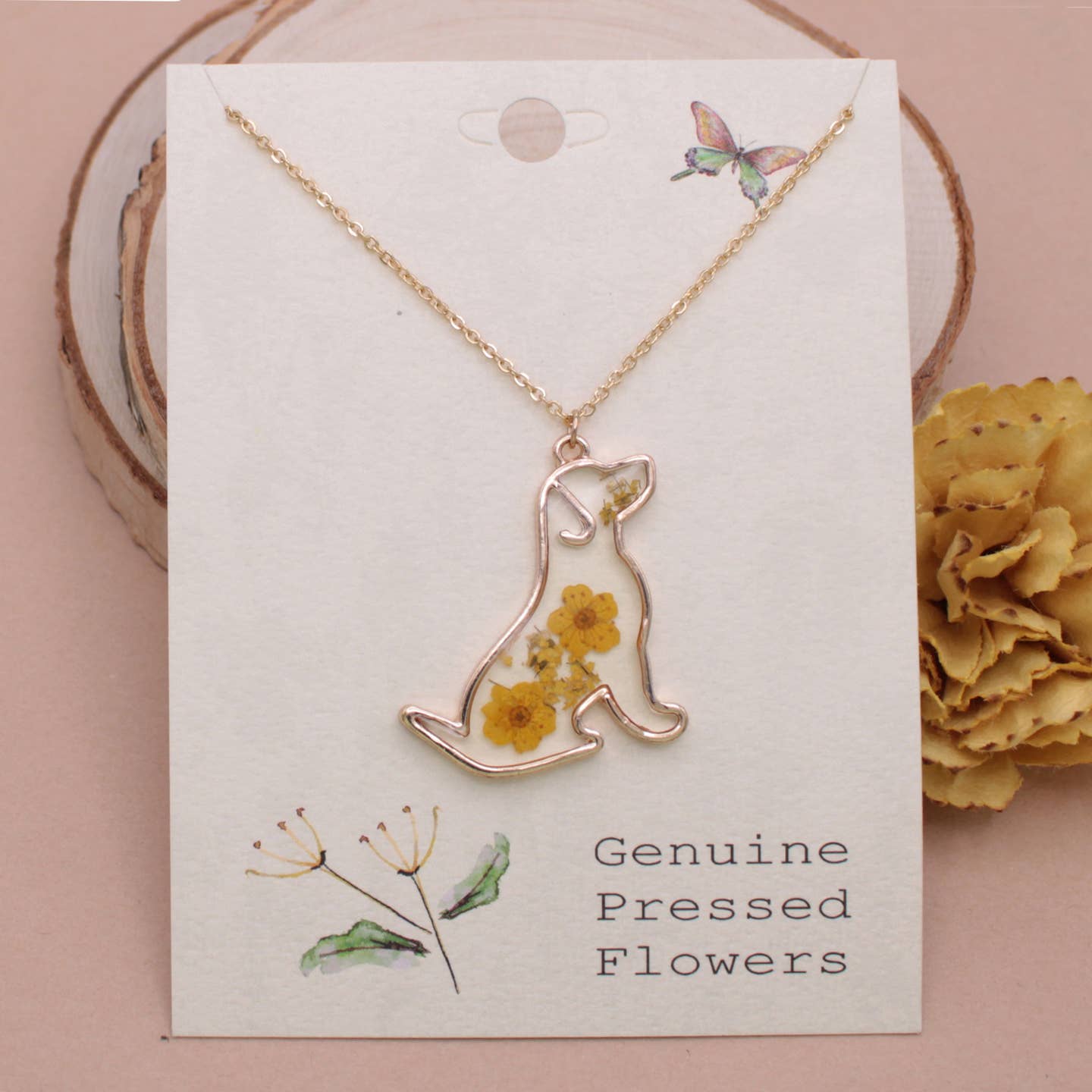 Floral Friend Gold Dog Dried Flower Necklace