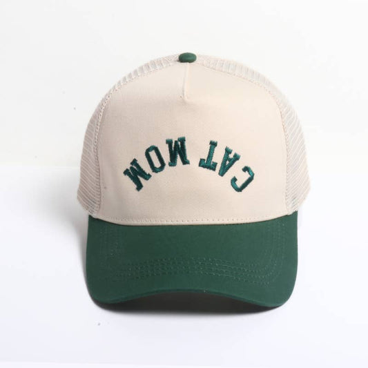 Cat Mom Upside Down Embroidery Mesh Back Baseball Cap - Green
