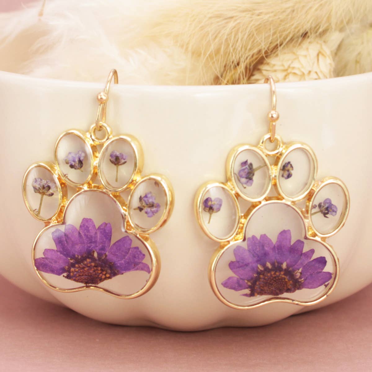 Precious Paw Purple Dried Flower Gold Earrings