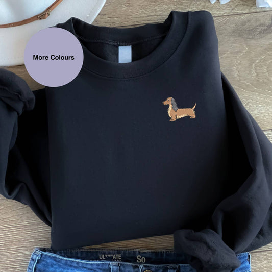 Unisex Long Haired Dachshund Embroidered Sweatshirt - Black