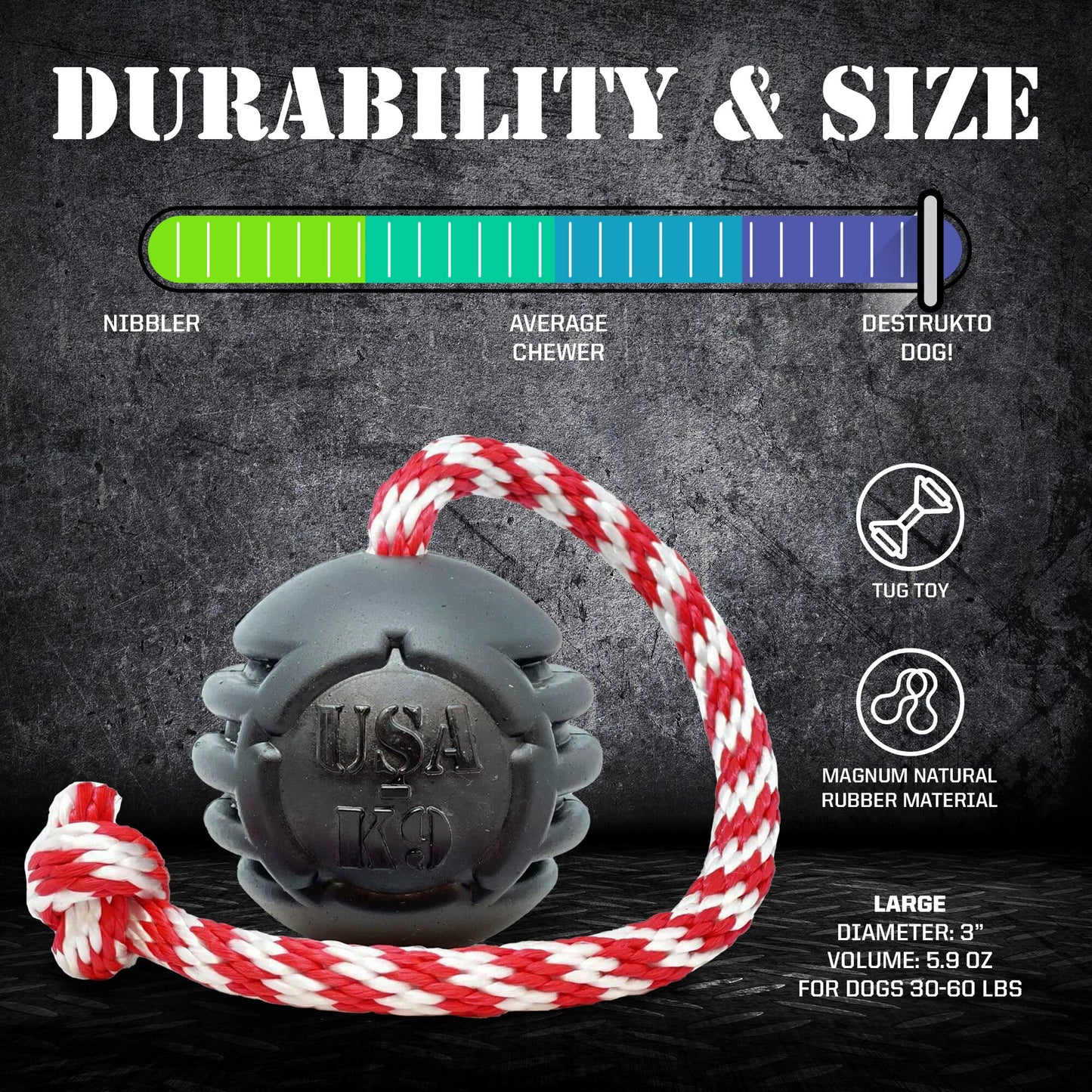 USA-K9 Magnum Black Stars and Stripes Ultra-Durable Rubber Chew, Reward, Tug, and Retrieving Toy