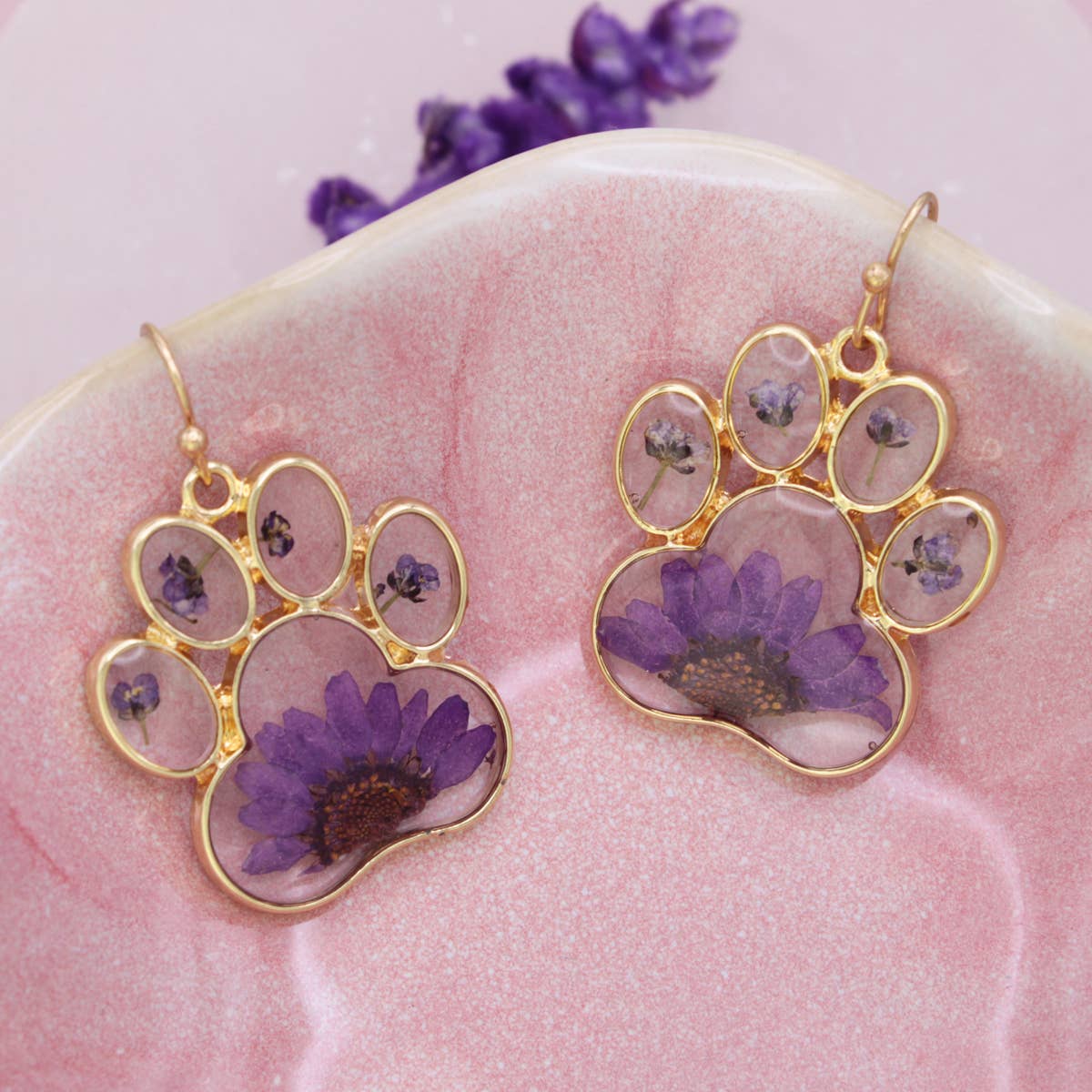 Precious Paw Purple Dried Flower Gold Earrings
