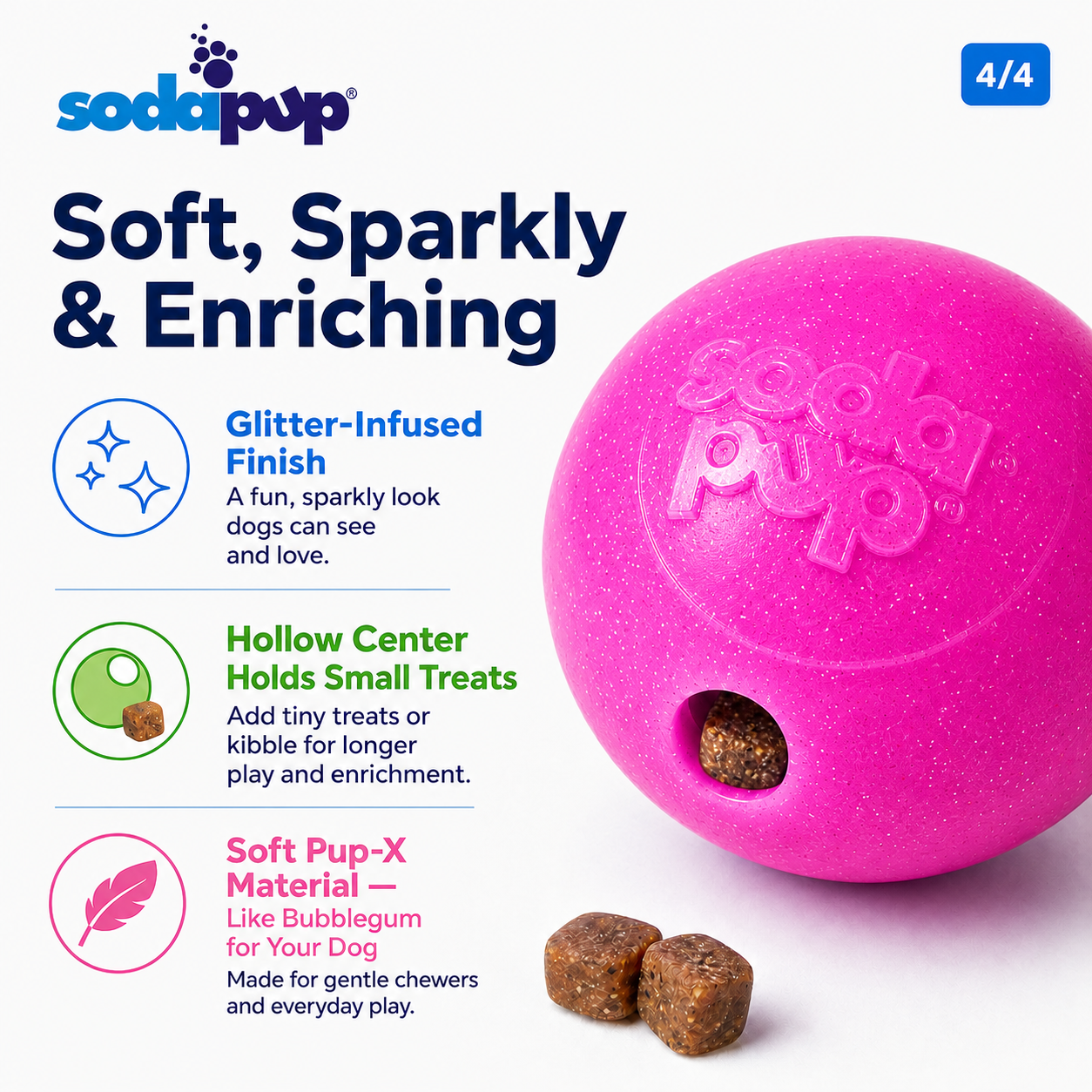 Glitter Ball Dog Toy | Soft PUP-X Rubber Floating Fetch Ball with Treat Dispenser - Pink