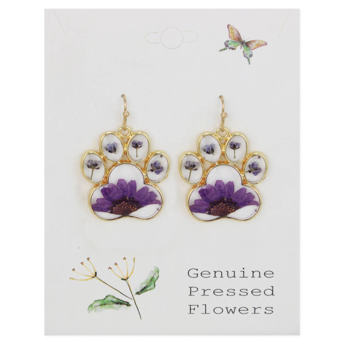 Precious Paw Purple Dried Flower Gold Earrings