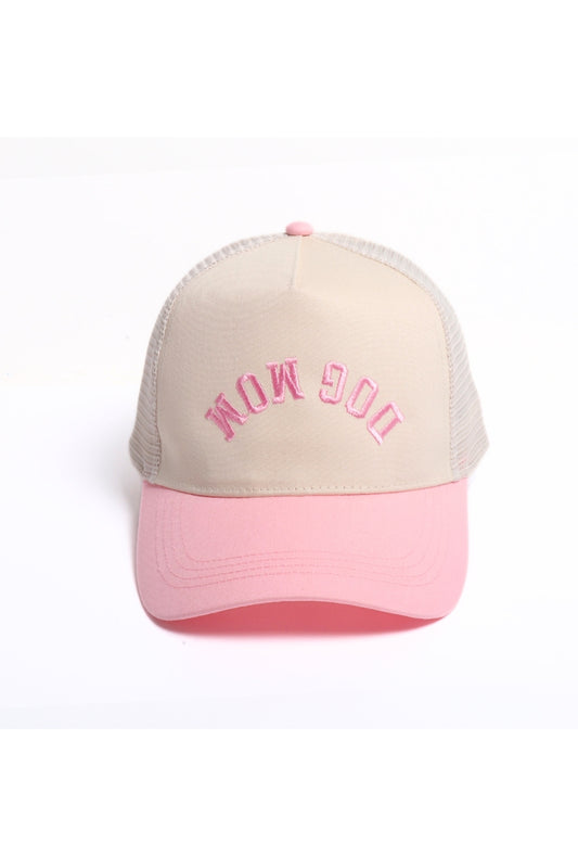 Dog Mom Upside Down Embroidery Mesh Back Baseball Cap - Pink
