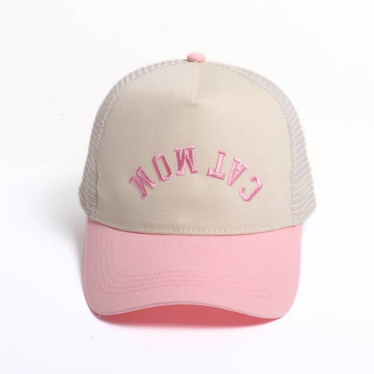 Cat Mom Upside Down Embroidery Mesh Back Baseball Cap - Pink